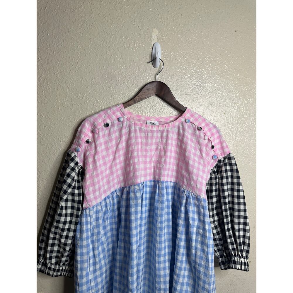Tach Clothing Catarina Cloque Dress size M Gingham Mix Puff Sleeve Colorblock - Picture 10 of 12